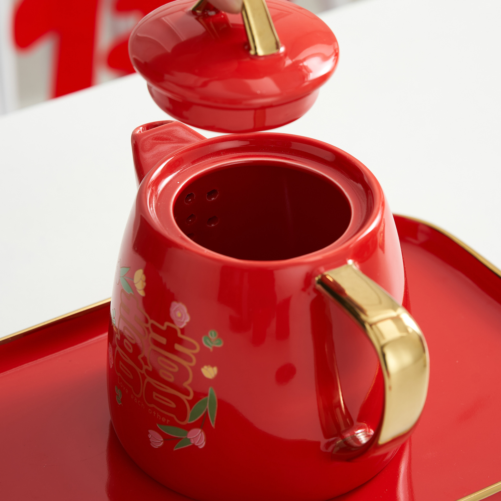 INS Xi carácter juego de té de cerámica boda de la boda festiva taza de té juego de té caja de regalo rojo Doble Felicidad Té Regalo