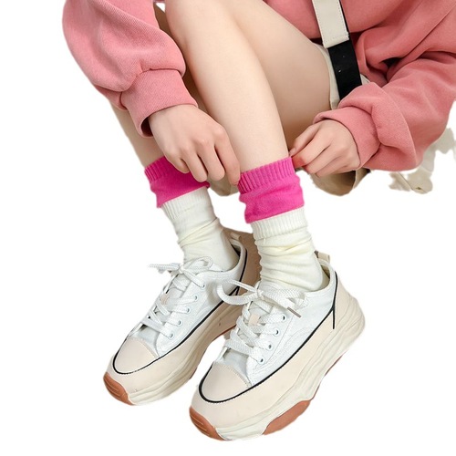Double-layer socks women's mid-calf socks cotton socks patchwork color-matching faux double pairs mid-high socks autumn/winter double cuffs long socks spring/summer