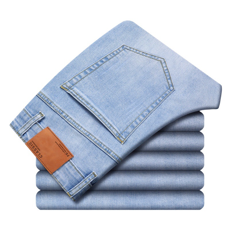 2025 primavera y verano algodón elástico color claro delgado jeans para hombres elásticos delgados pequeños pantalones casuales de todo fósforo de moda recta