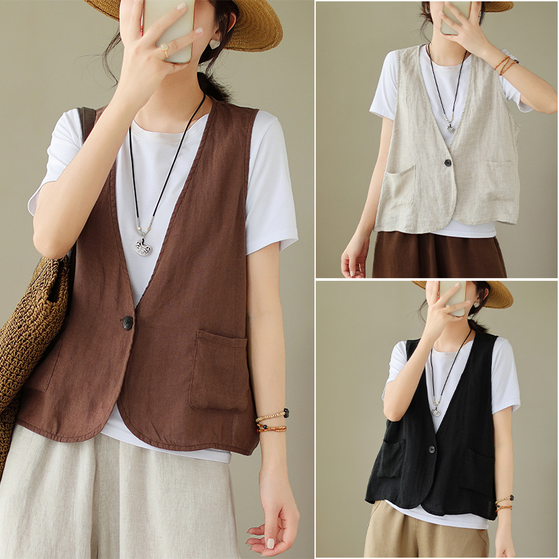 Real Shot of the 2026 Summer New Style Cotton and Linen Artistic Retro Loose Casual Solid Color Short Vest for Women # 9019
