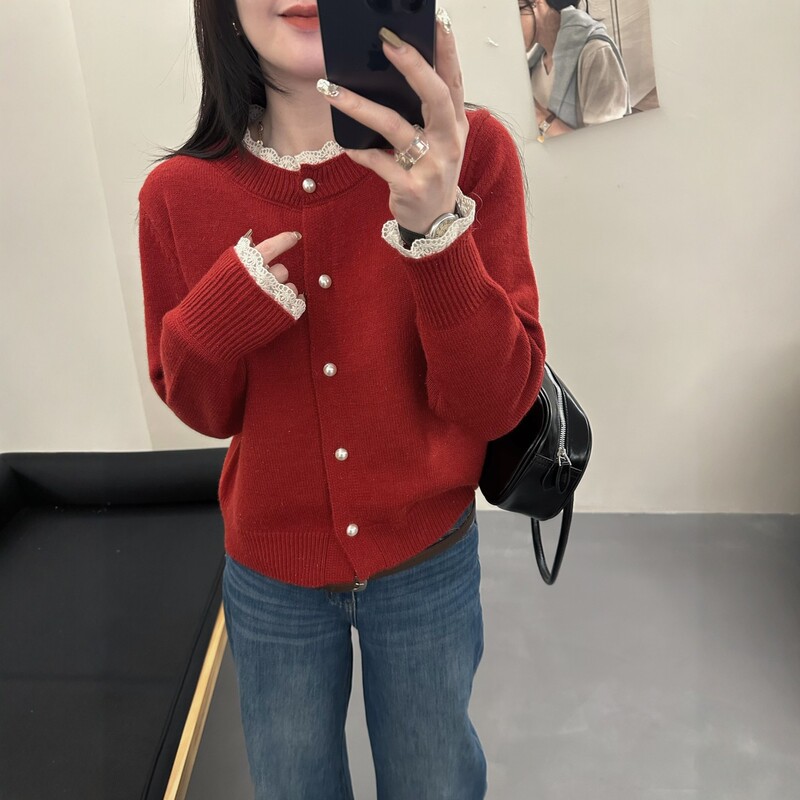 New autumn fashion women's super stylish red lace-trimmed cardigan sweater jacket 2026 new knit top New autumn fashion women's super stylish red lace-trimmed cardigan sweater jacket 2026 new knit top