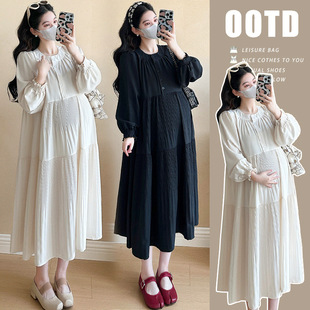 2025 New Loose Slimming Pleated Round Neck Simple Lazy Artistic Casual dress for Pregnant Women