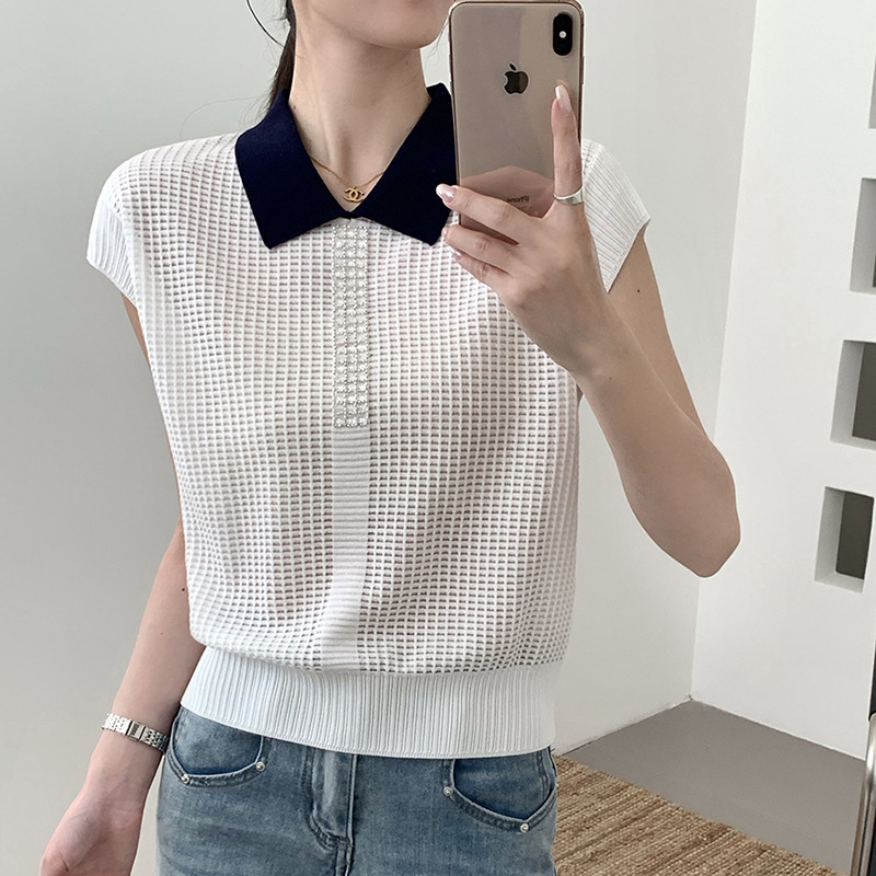 Tencel Wool Light Luxury Waffle Short-Sleeve Women's Sequin Turn-Down Collar Knit Top Slightly Loose Fit 2026 Summer New Style
