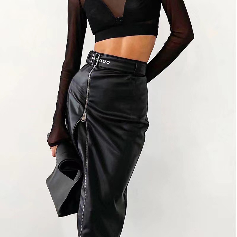 2023ins style European and American foreign trade ladies slim-fit zipper leather skirt