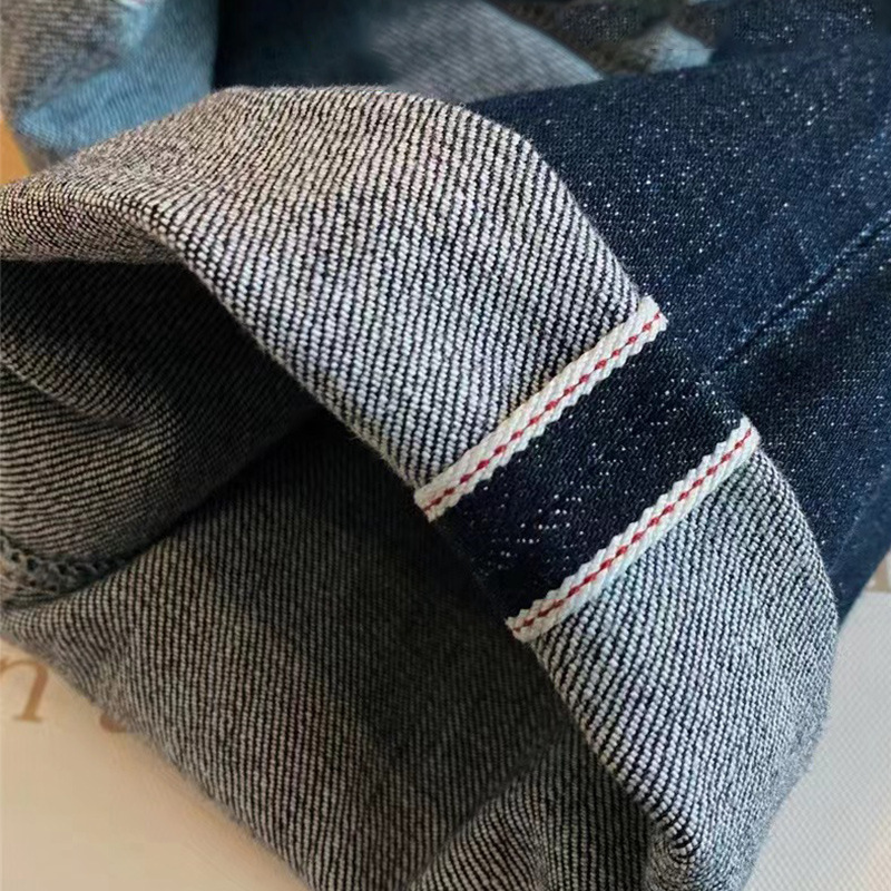 Japanese Okayama Selvedge Denim Jeans with Red Trim, Original Dark Blue Color, Cuffed Straight-Leg Women's Jeans, Classic Vintage Style Japanese Okayama Selvedge Denim Jeans with Red Trim, Original Dark Blue Color, Cuffed Straight-Leg Women's Jeans, Classic Vintage Style