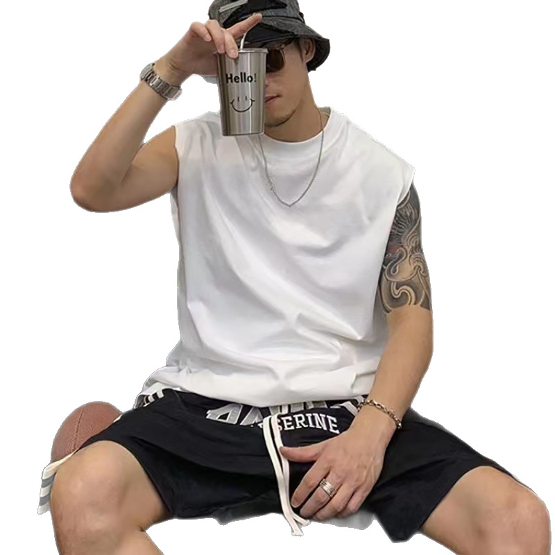 300g de algodón pesado chaleco sin mangas de verano nuevo hombro camiseta deportiva de color sólido para hombres de moda chaqueta suelta