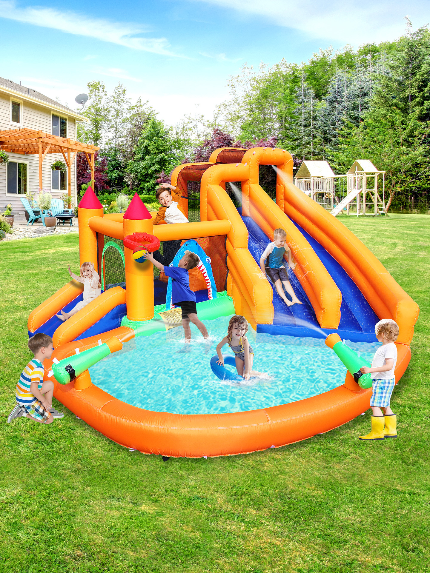 usuarios de hogares de niños transfronterizos al aire libre slide interior de dos vías juguetes traviesos castillo saltar piscina chorro castillo inflable