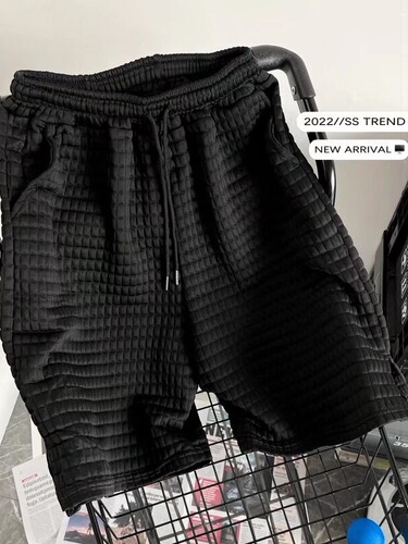 Pure Color Waffle Short Pants for Men, Super Hot Trendy Loose Five-Finger Pants, High Street Ins White Casual Sports Leggings