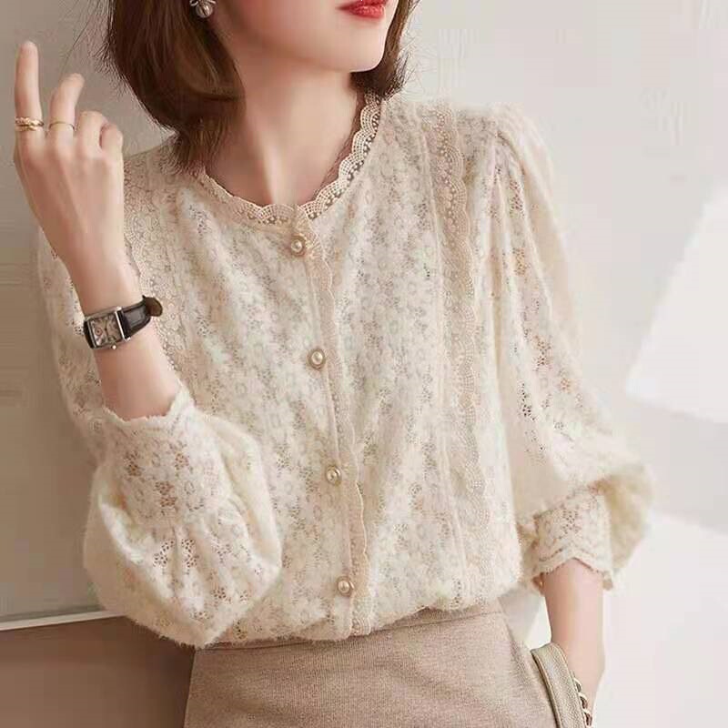 Lace Shirt for Women 2026 Spring and Autumn New Fashion Slim-Fit Shirt Brushed Lace Blouse Stylish Versatile Age-Reducing Top Lace Shirt for Women 2026 Spring and Autumn New Fashion Slim-Fit Shirt Brushed Lace Blouse Stylish Versatile Age-Reducing Top