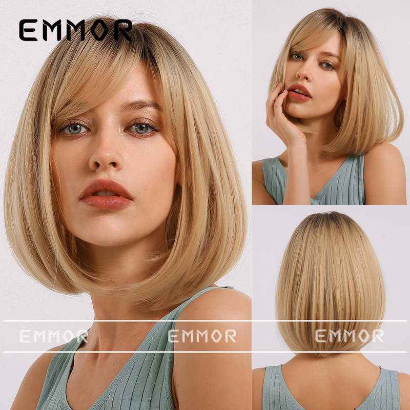 Emmor Wig for Women with Bangs, Bob Style, Foreign Trade Amazon Cross-Border Gradient Golden Synthetic Fiber Short Wig