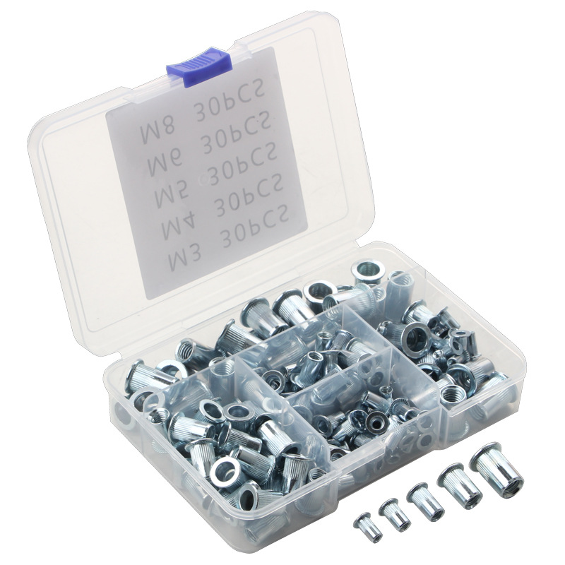 跨境批发 150PCS 盒装 5种尺寸碳钢平头螺纹铆钉拉铆螺母组合套件