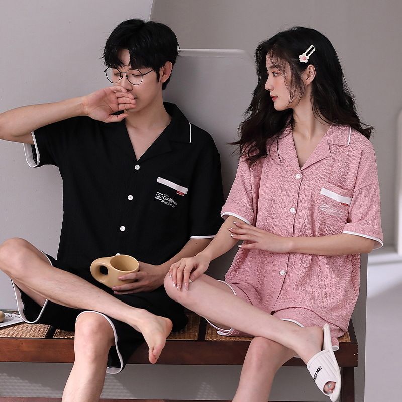 Pareja pijama de manga corta pantalones cortos cardigan algodón de verano coreano casual trajes de mujer ropa de hogar grande suelta para hombres