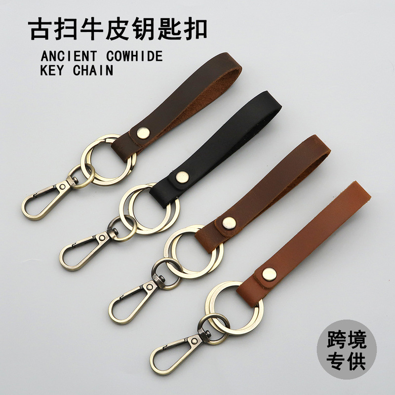 Men's Small Leather Keychain Pendant, Vintage Leather Multifunctional Car Key Ring, Metal