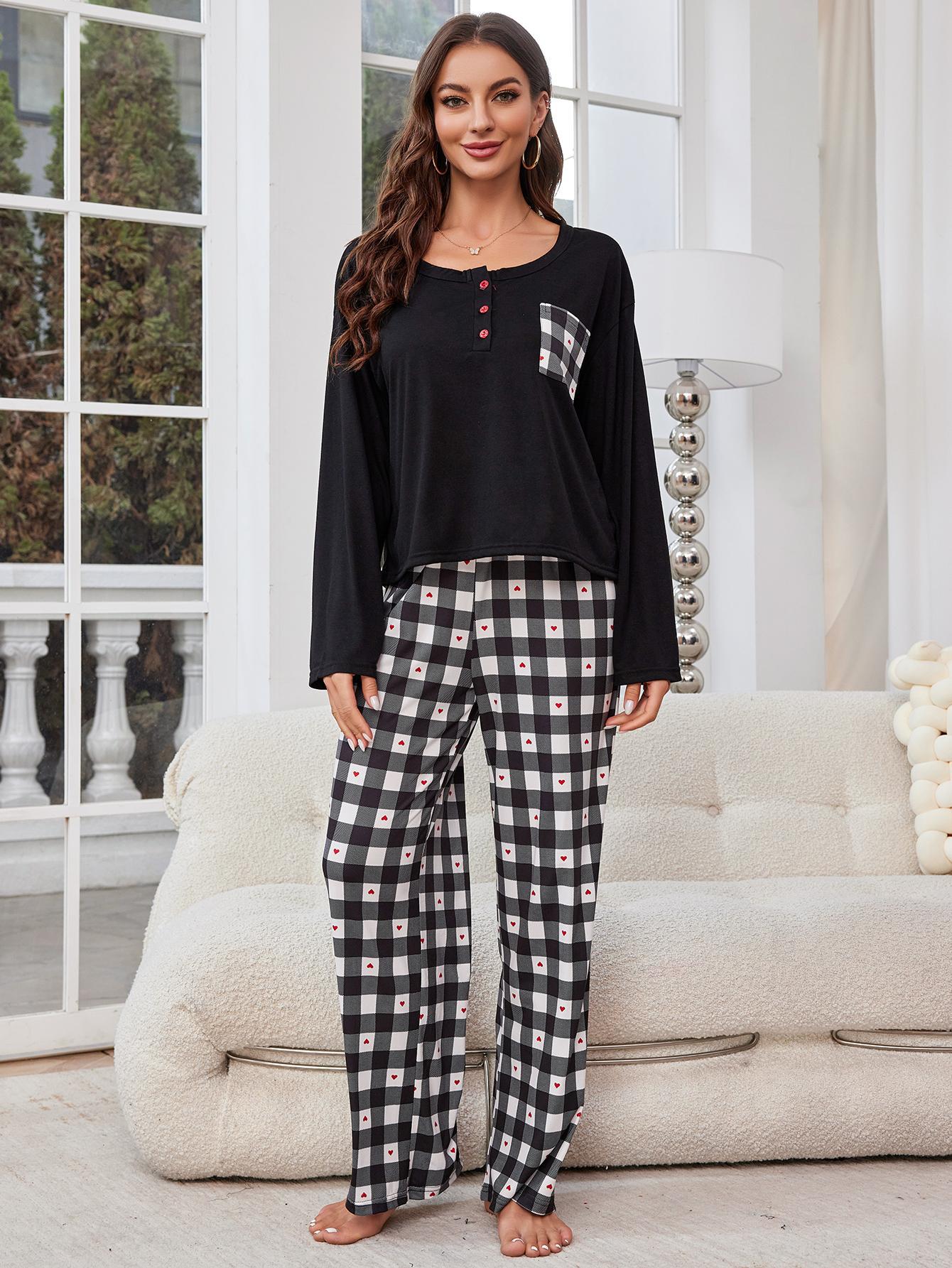 Sleepwear for women, spring and autumn checkered long sleeved cardigan, two-piece home suit_voghion.com