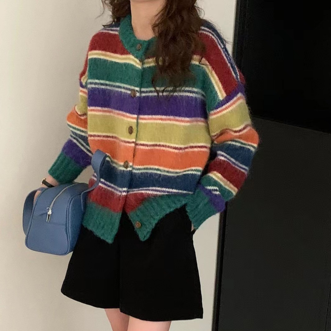 Autumn retro rainbow knitted cardigan