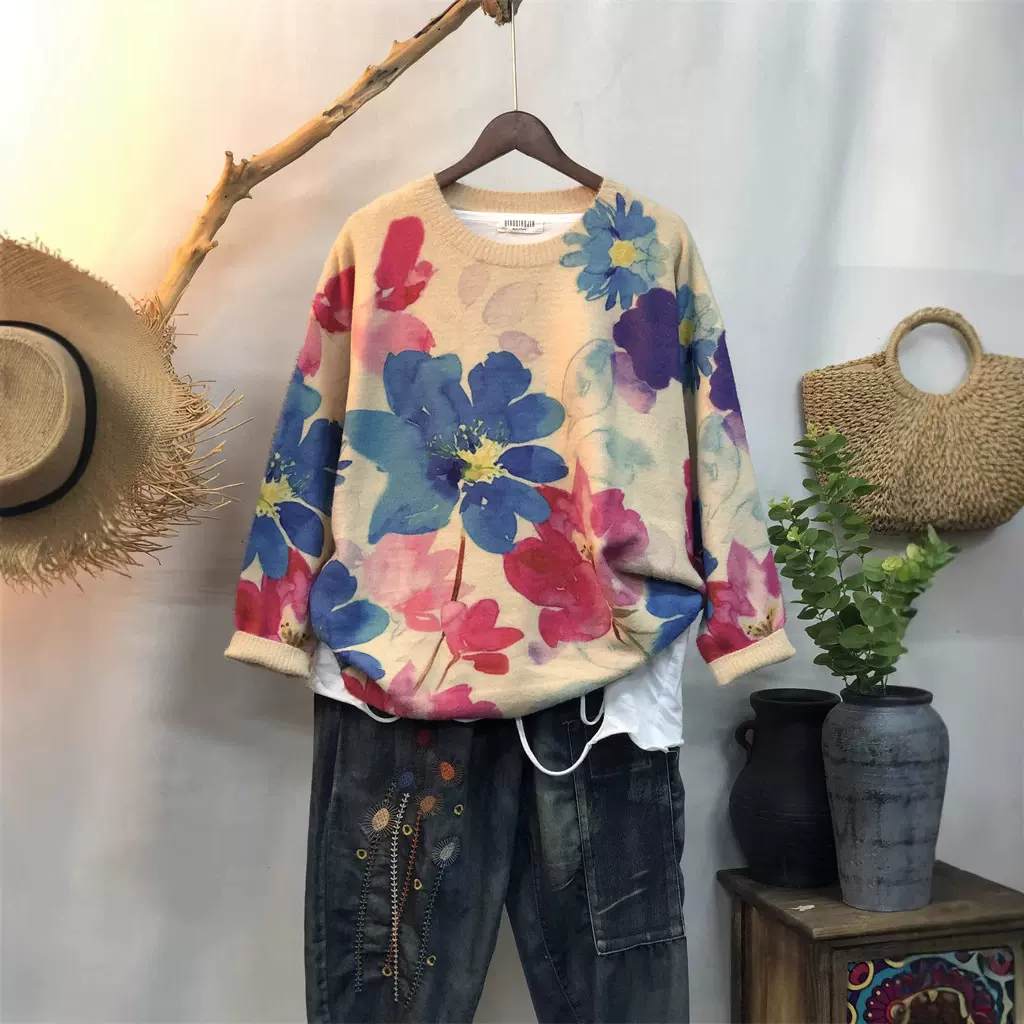 中年妈妈秋冬羊毛衫女宽松加肥加大码毛衣遮肚显瘦印花针织打底衫