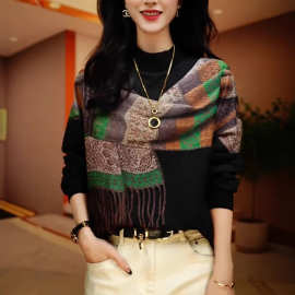 半高领德绒打底衫女妈妈气质小衫秋冬季新款印花t恤长袖保暖上衣