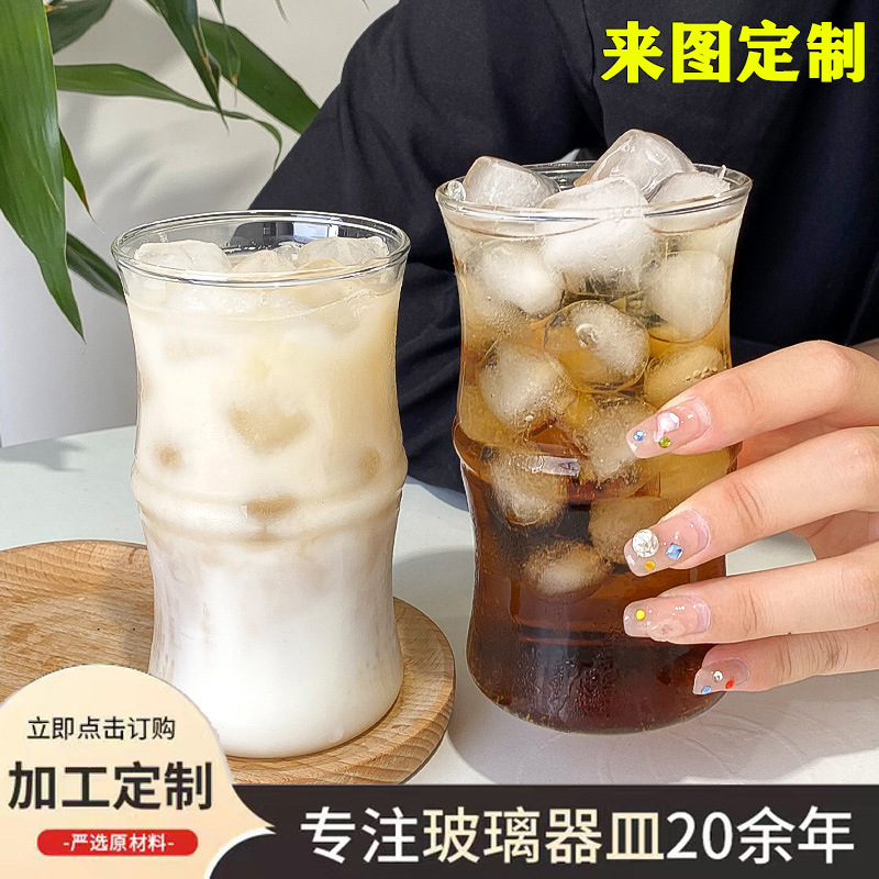 可印LOGO高硼硅玻璃杯竹节杯ins风冰美式拿铁咖啡水杯耐高温熊猫