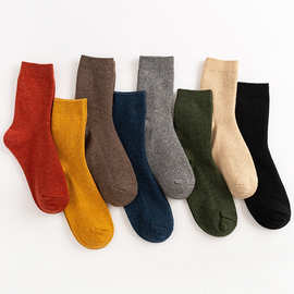 秋冬新款纯色羊毛袜女日系抽条堆堆袜复古保暖中筒袜子女加厚袜子