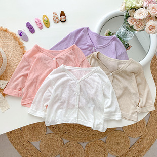 2023 Summer Baby Clothes Sunscreen Clothes Air-conditioning Shirt Solid Color Cardigan Newborn Long-sleeved Thin Small Coat