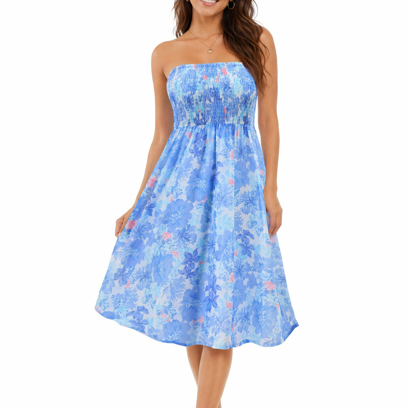 European and American Cross-Border Amazon New Casual Hawaiian Beach Print Wrap-Chest Mid-Length Dress