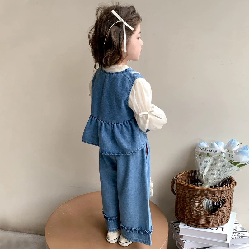 Demi-season denim trousers, spring set girl's, Chanel style, Korean style, 3 piece set