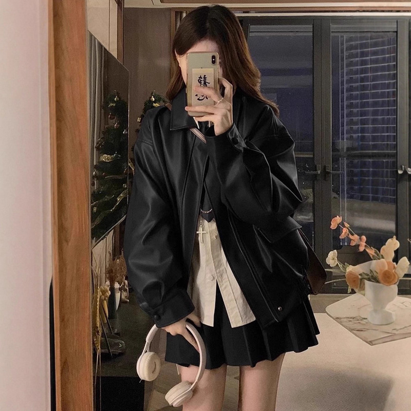 Brown Leather Jacket Women's Spring and Autum Korean Style 2025 New Fashion Hot Cool Motorcycle Loose Long-Sleeved Jacket Top
