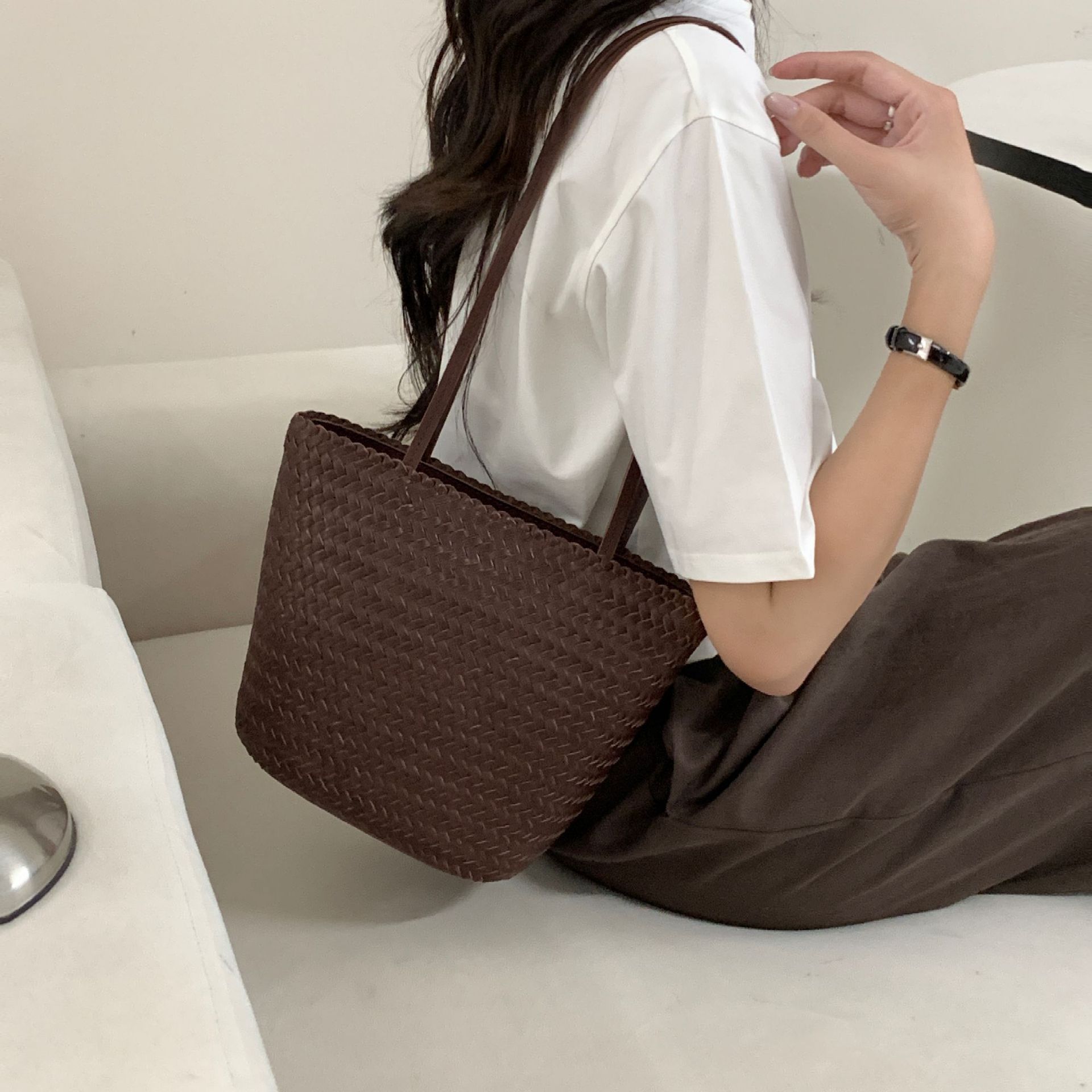 Genuine Leather Shoulder Bag For Women Tote Bag 2025 New Arrival Niche Handmade Cowhide Woven Bag Vacation Market Bag - Thumbnail 7