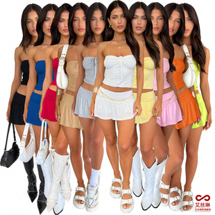 Cross-Border Supply European and American Clothing Fashionable and Sexy Tube Top Pleated Double-Layer Pants and Skirt Two-Piece Set