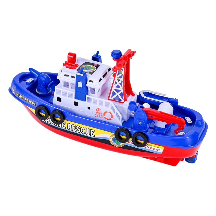 Summer water jet electric fire boat Blue simulation ship model music Light children's bath water toy boat