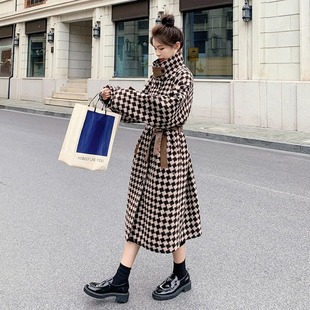 Brown Houndstooth Woolen Outwear Women's Long 2024 Autumn and Winter New Thickeneded Hepburn Style Silhouette Woolen Outwear