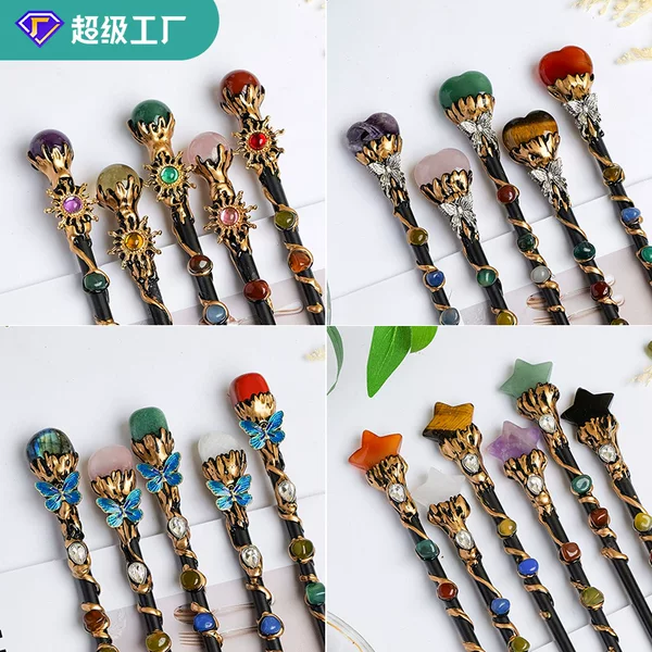 Natural Crystal Heart Five-Pointed Star Magic Wand Crystal Raw Stone Scepter Cross-Border Holiday Props Fairy Wand Decoration