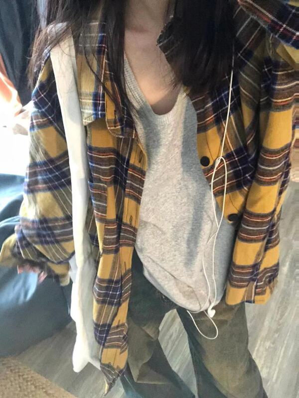 森系橘色格纹衬衫女叠穿年轻ins宽松遮肉显瘦长袖衬衣外搭开衫潮|undefined