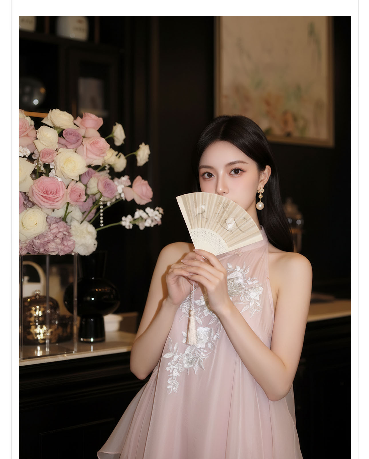 Đầm maxi thêu hoa phong cách Trung Hoa cổ điển, chất vải mỏng nhẹ mùa hè, tay lỡ, thắt eo — hồng chi tiết 6