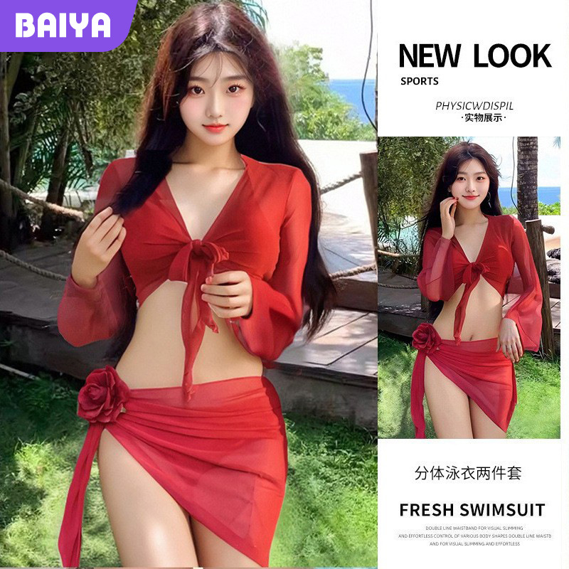 2025 traje de baño puro para mujer, bikini sexy blanco de cuatro piezas, protector solar de manga larga, chica caliente, traje de baño de playa al por mayor