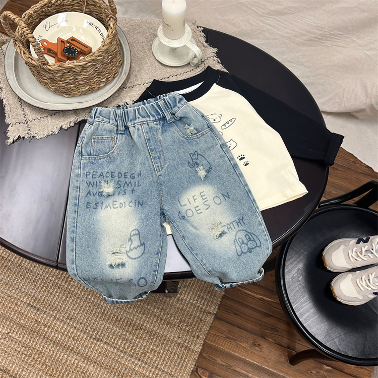 Blugi pentru copii, primăvară și bebeluși la modă pentru toamnă, versiune coreeană, model graffiti cu picior drept pentru băieți._voghion.com