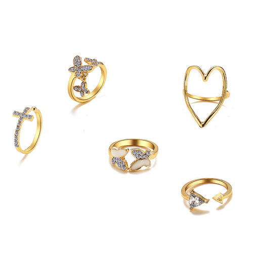 Cross-border cross-triangle heart full diamond butterfly ring set 5 pieces creative retro women's joint ring