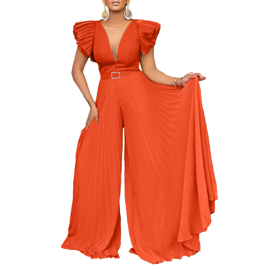 C8520P con cinturón transfronterizo ropa de mujer europea y americana Amazon sexy profundo V plisado pierna ancha más tamaño mono de comercio exterior