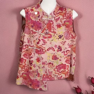 New Chinese Style Jacquard Sleeveless Vest with Disc Buckle, New Summer Slimming Waistcoat for Women