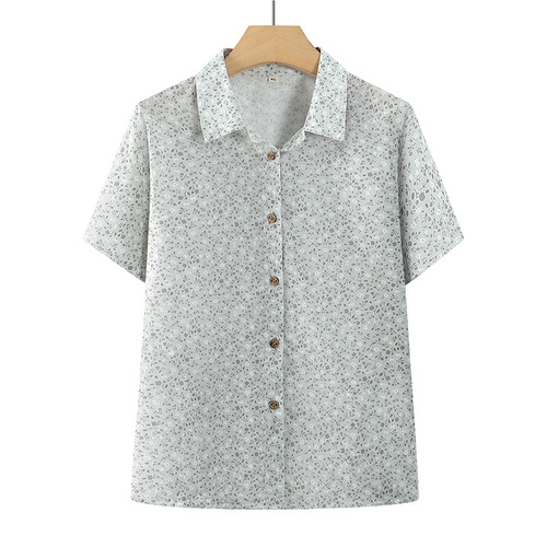 Women's Summer Thin Floral Full Cotton Shirt, Short Sleeve Blouse for Middle-Aged Women, Grandmother's Collared Cotton Mother's Top