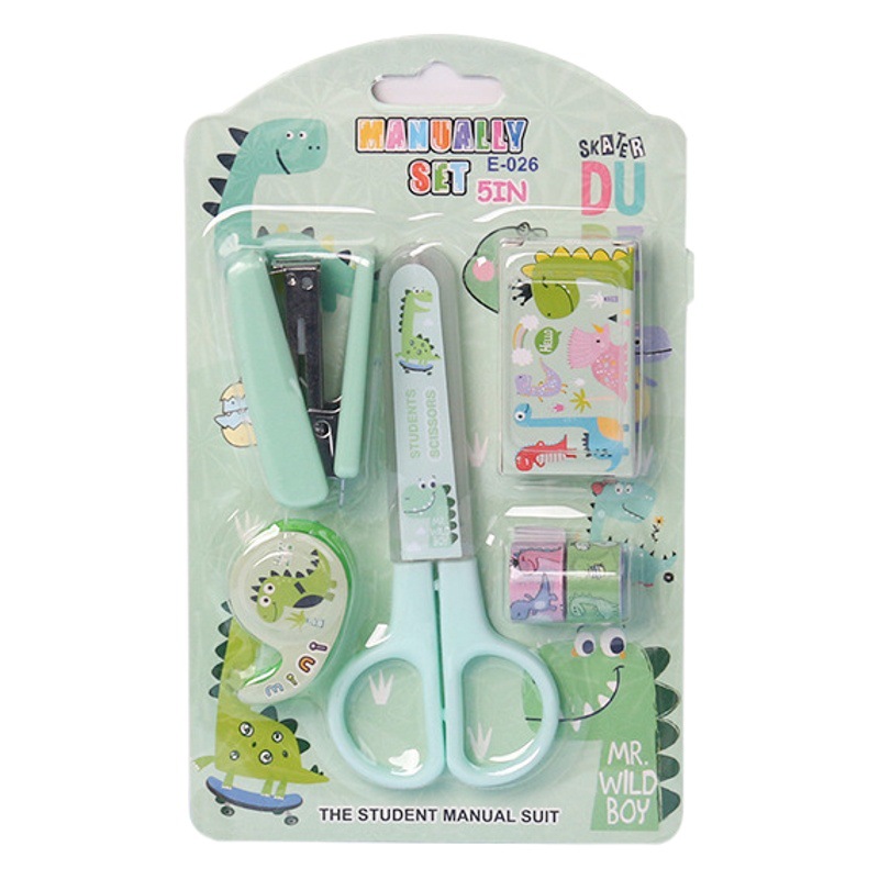 Set de grapadora de dibujos animados con tijeras y portacinta, colores pastel