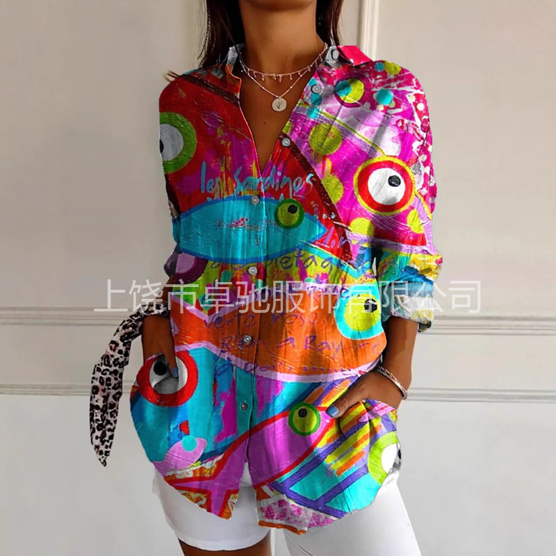 2025 New Women's Long Shirt Women's Summer European and American Trend Long Sleeve Shirt Printed Pattern Printed 3D Shirt