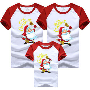 Parent-child wear round neck raglan sleeve color matching short sleeve T-shirt Santa Claus gxchristmas children's clothing European and American style red