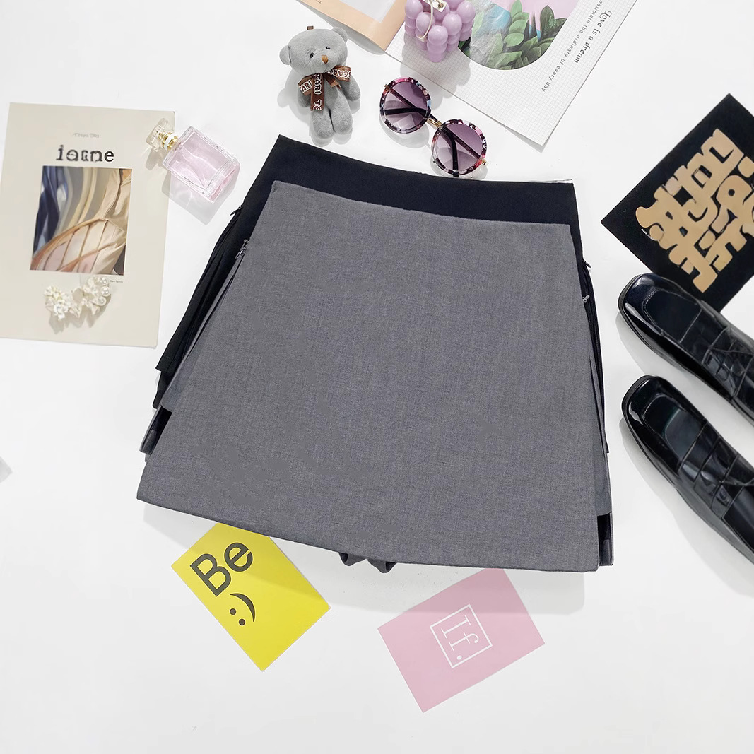 假两件两侧拉链半身裙2025夏季女装新款灰色西装裤裙一件代发9482