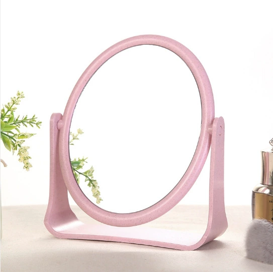 Desktop Makeup Mirror, European-style Wheat Straw Frame, Double-sided Rotatable, Round & Square