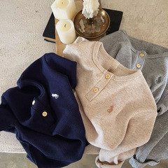 Children's T2023 Spring and Autumn Boys and Girls Embroidery Waffle Long Sleeve Baby Korean Round Neck Trendy Brand Base Shirt