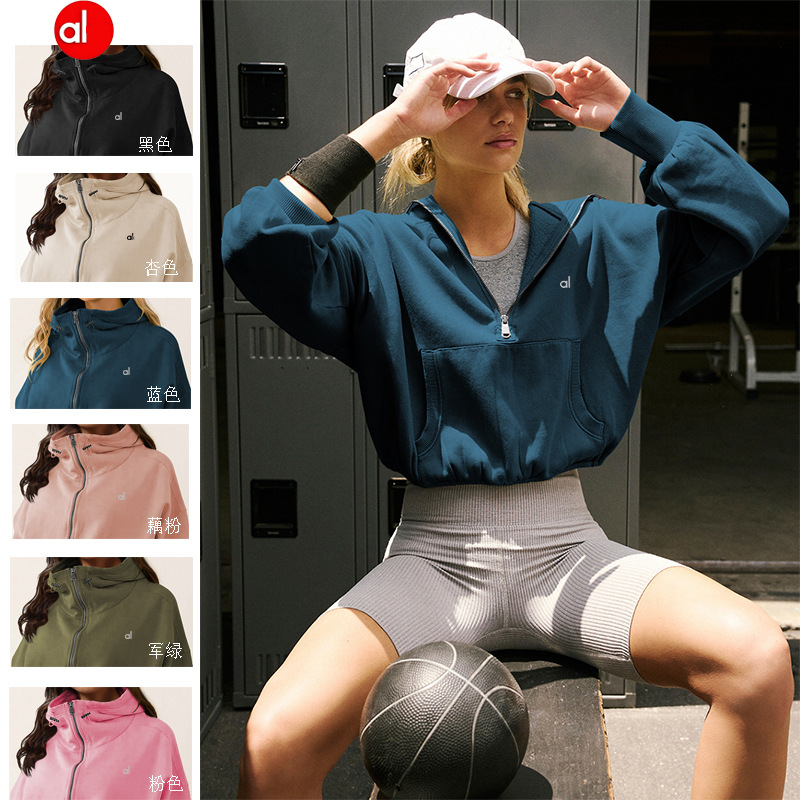 al cross-border Amazon yoga hoodie outdoor sports zip-up sweatshirt drawstring long-sleeve top jacket 3-label