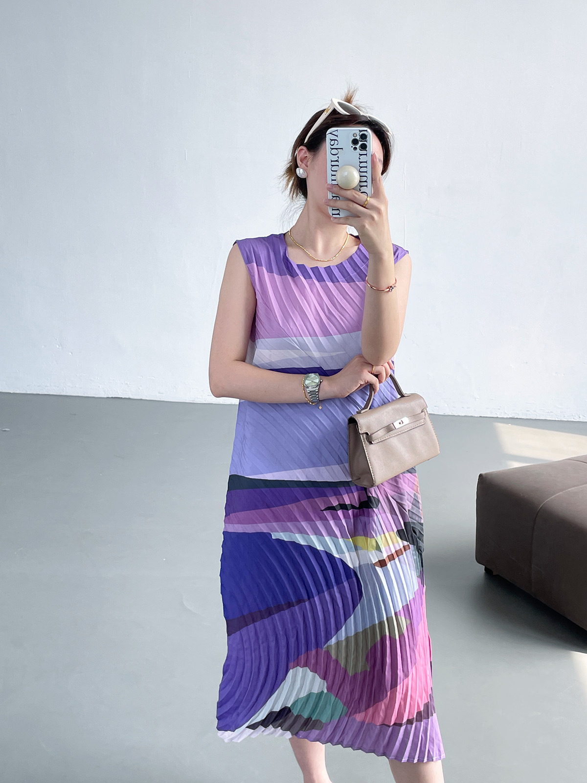 Váy maxi xếp ly in họa tiết hai dây dáng rộng thanh lịch — Màu xanh lam