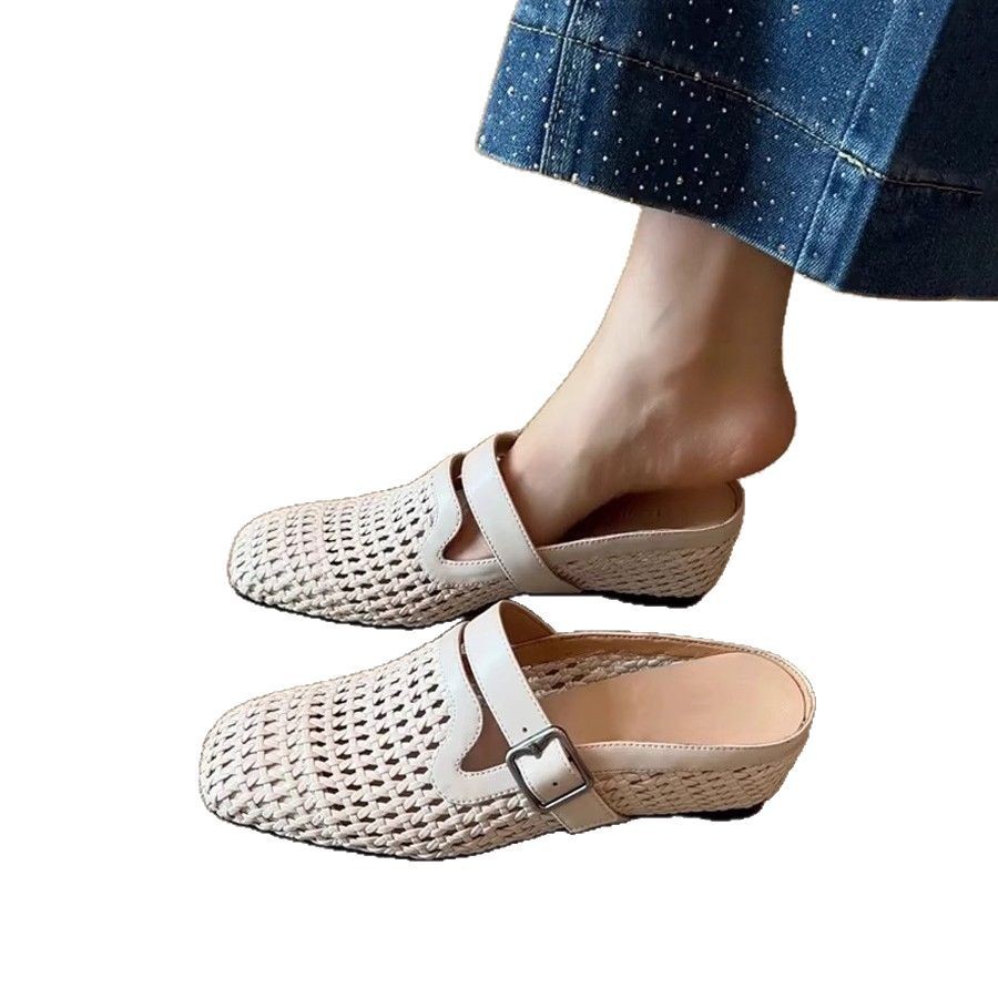 In Stock For Immediate Dispatch ~ Vacation Style Woven Wedge Mules With Belt Buckle, Breathable Closed-Toe Outdoor_vogvips.com
