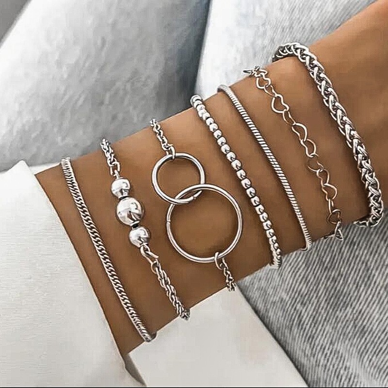 Europa y los Estados Unidos transfronterizos protección ambiental pulsera gruesa 5 piezas de cadena de aluminio + cadena de hierro + CCB personalidad de diseño exagerado cadena joyería de bola